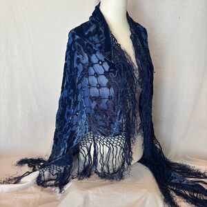 Burnout Velvet Fringe Scarf Navy Blue Beaded Boho Goth Festival Whimsigoth Shawl